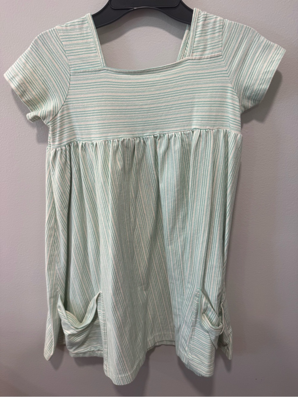 Girls Mint Stripe Short Sleeve Casual Dress with Knot Pockets